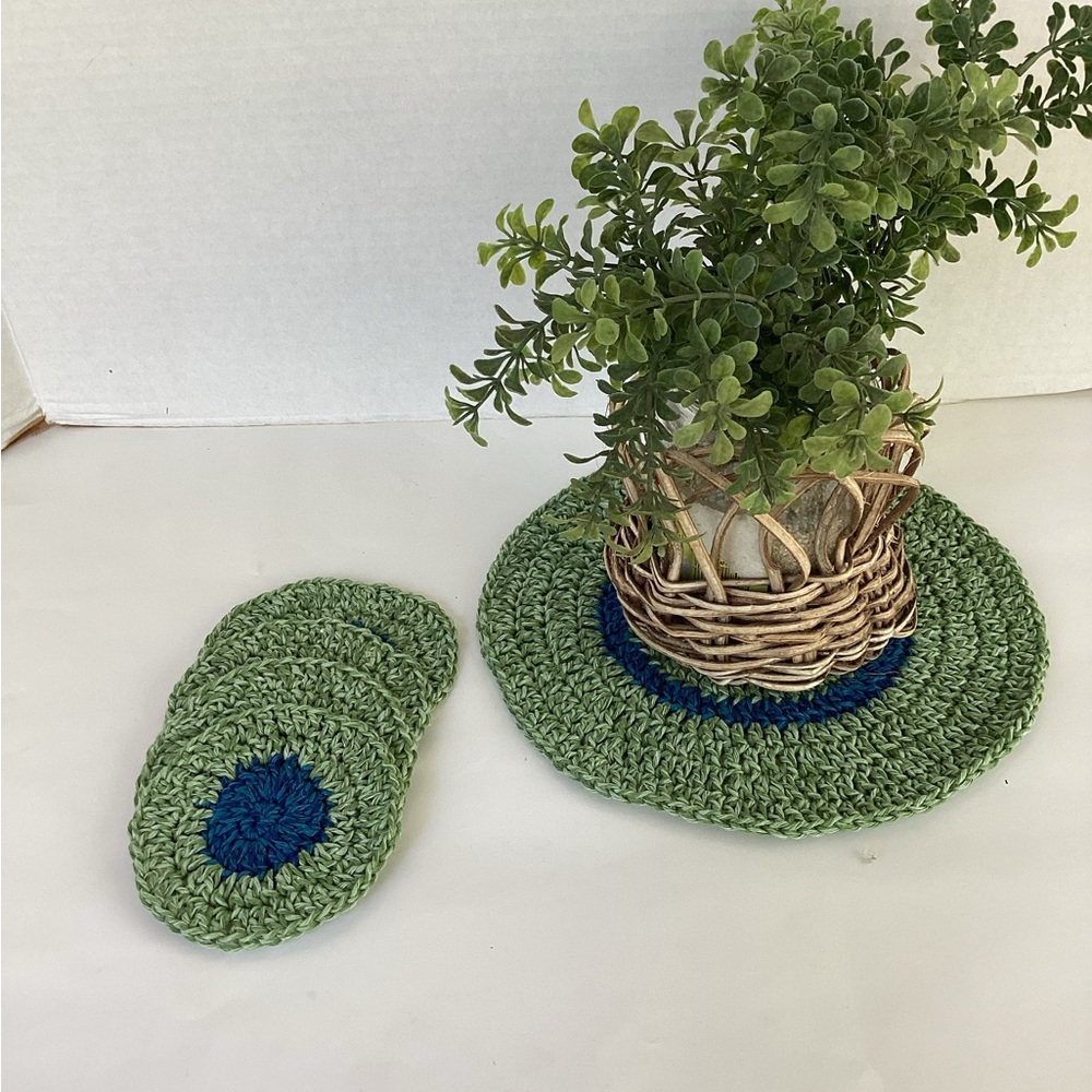 Doily Coaster Set Hand Crafted Green Boho Blue Bar Cart Accessory